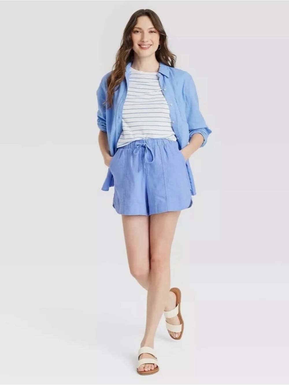 Universal Thread Blue Linen Shorts & Tie Neck Blouse Set | XS/S | Target